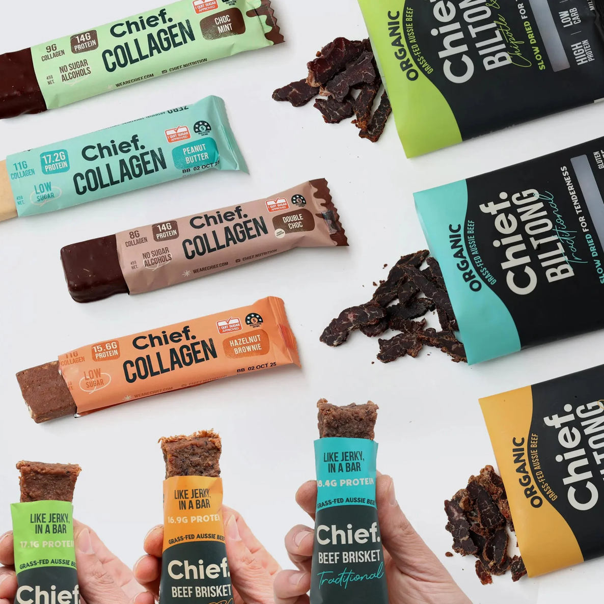Chief Nutrition range of collagen bars and biltong snacks