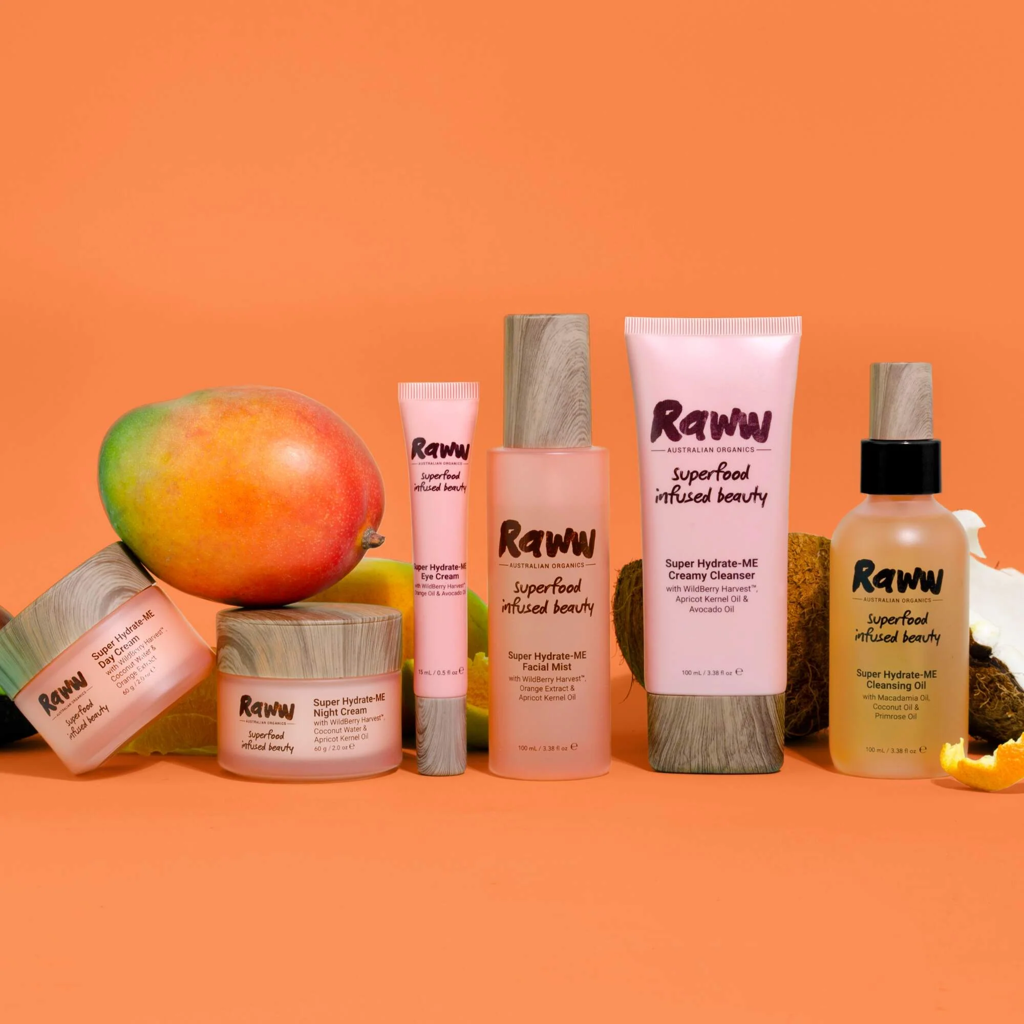 Raww cosmetics makeup range displayed on an orange background